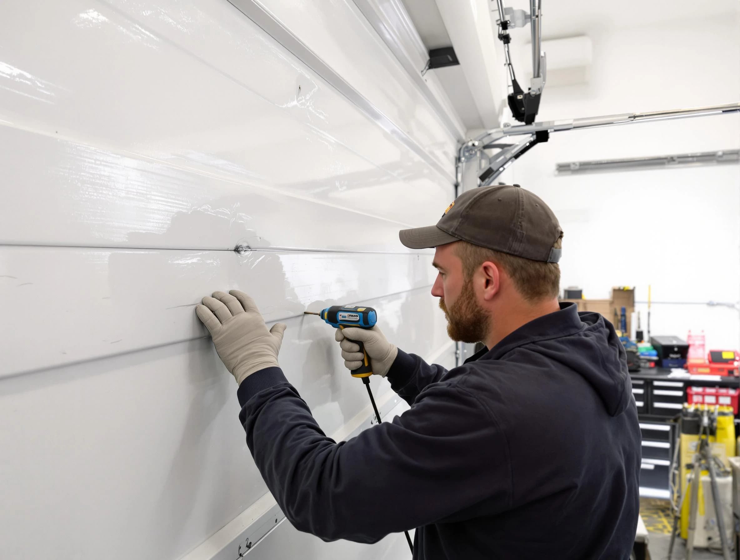 Gunbarrel Garage Door Repair technician demonstrating precision dent removal techniques on a Gunbarrel garage door